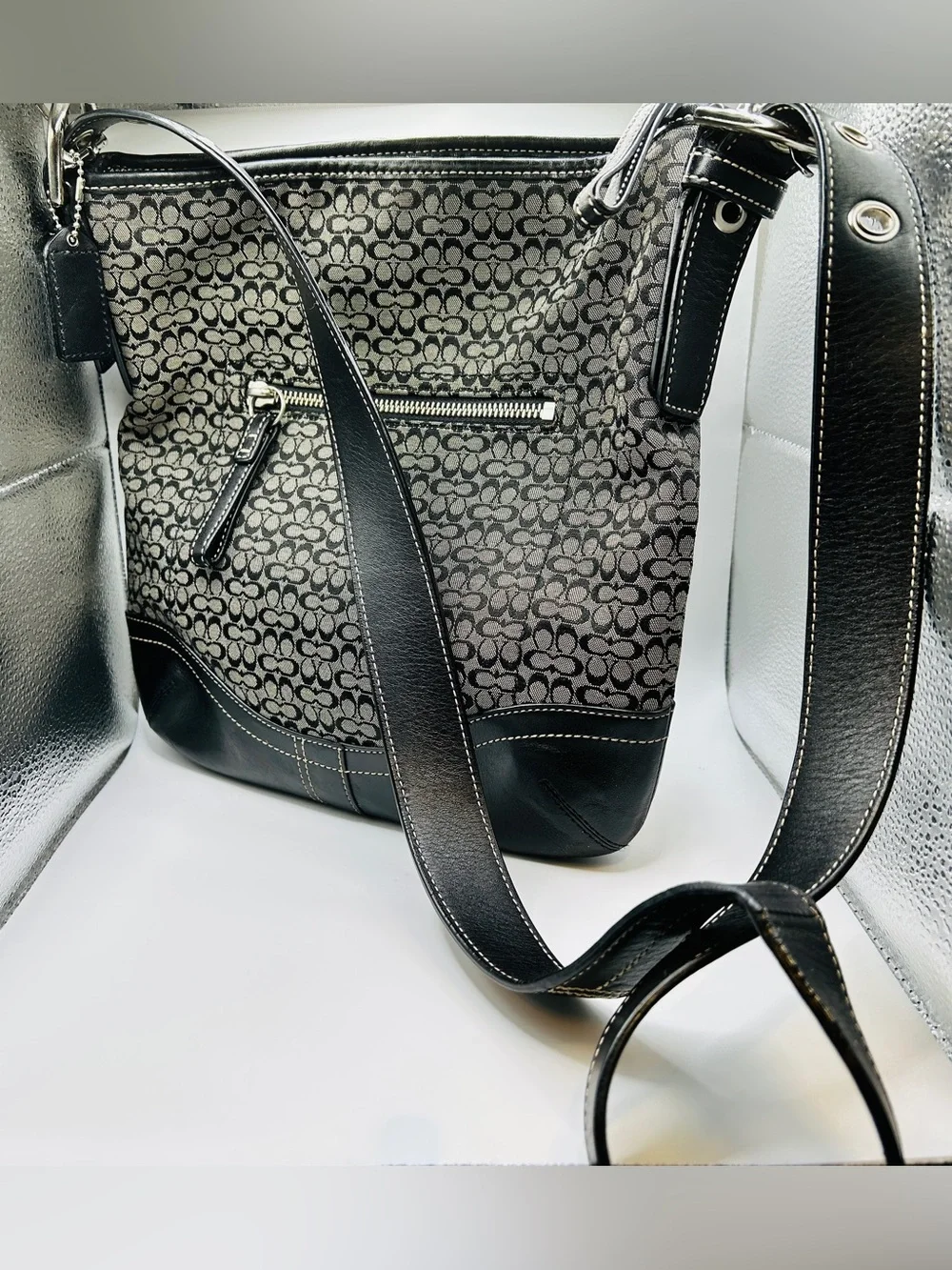 Coach Y2K Black and Gray Signature Jacquard Two Way Bag Crossbody or Shoulder